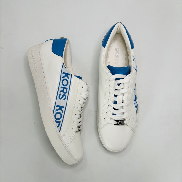 Michael Kors White Leather Sneakers Blue Stripe Logo Classic Tennis Size 7.5 - Picture 1 of 7
